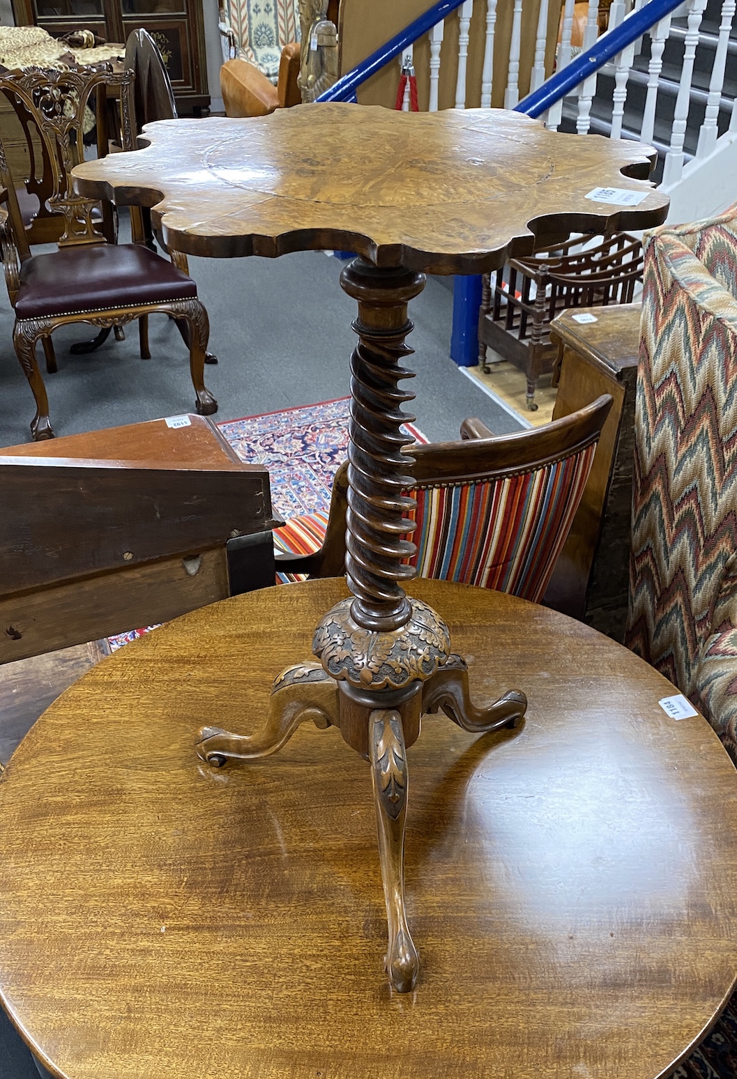 A Victorian walnut circular tripod wine table, width 47cm, height 72cm
